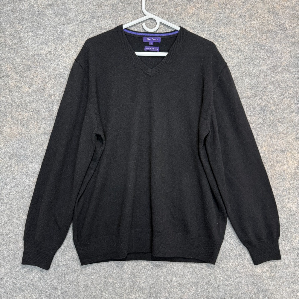 Alan Flusser 100% Cashmere Sweater Mens XL Extra Large Black‎ Purple Trim Soft